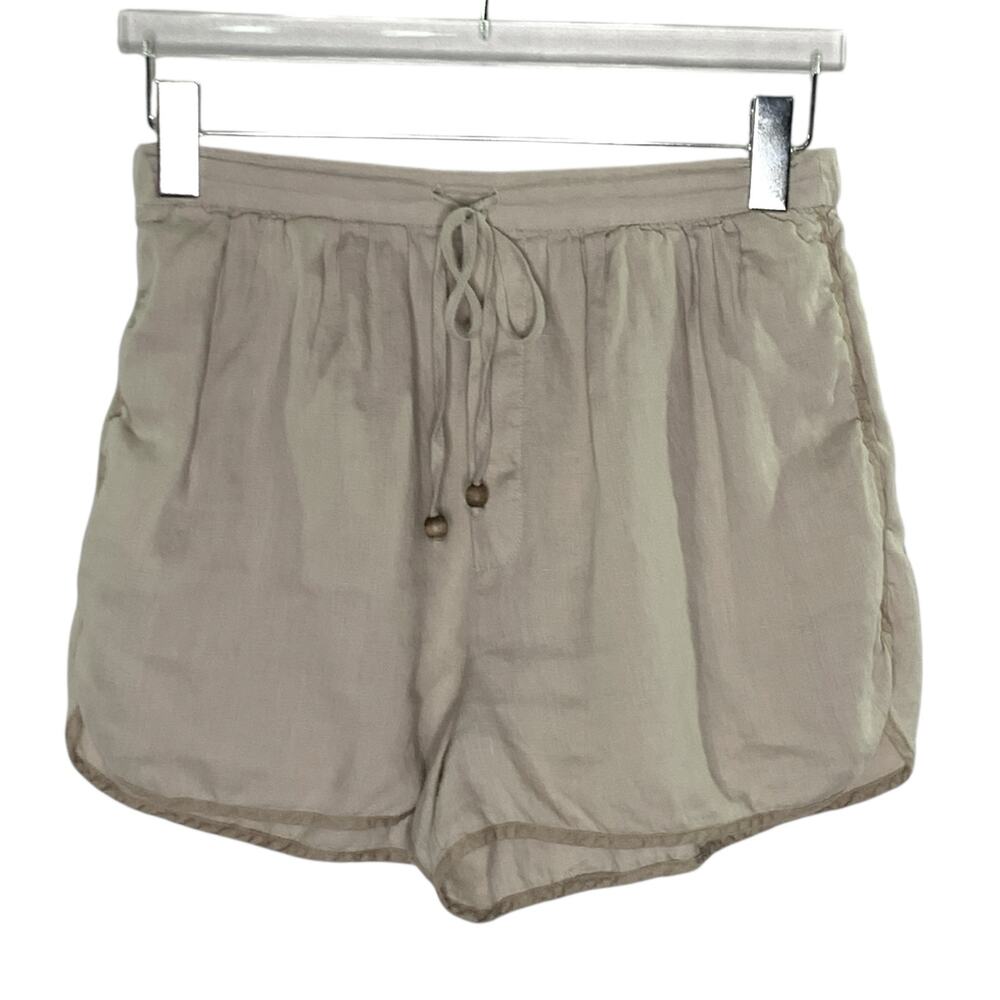 Zara S Womens Tan Drawstring Mini Shorts 100% Linen Breathable Travel